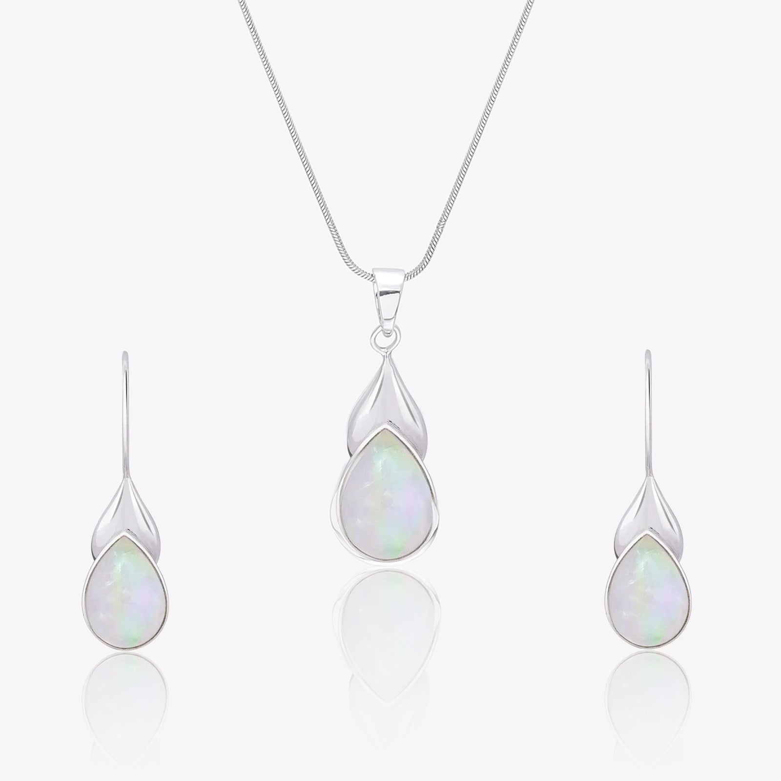 White Drop Leaf Silver Pendant & Earring Set