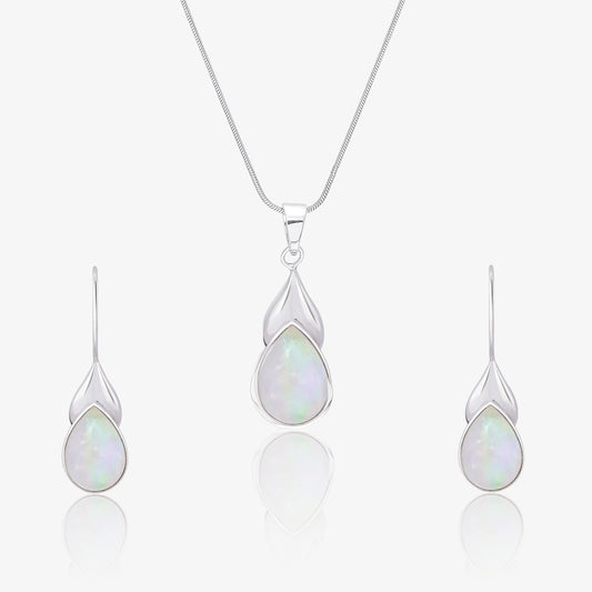 White Drop Leaf Silver Pendant & Earring Set