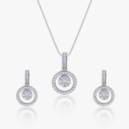 Round Cut Silver Floral Pendant & Hoop Earrings Set - Tweov Jewels
