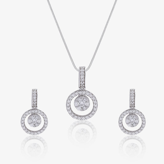 Round Cut Silver Floral Pendant & Hoop Earrings Set