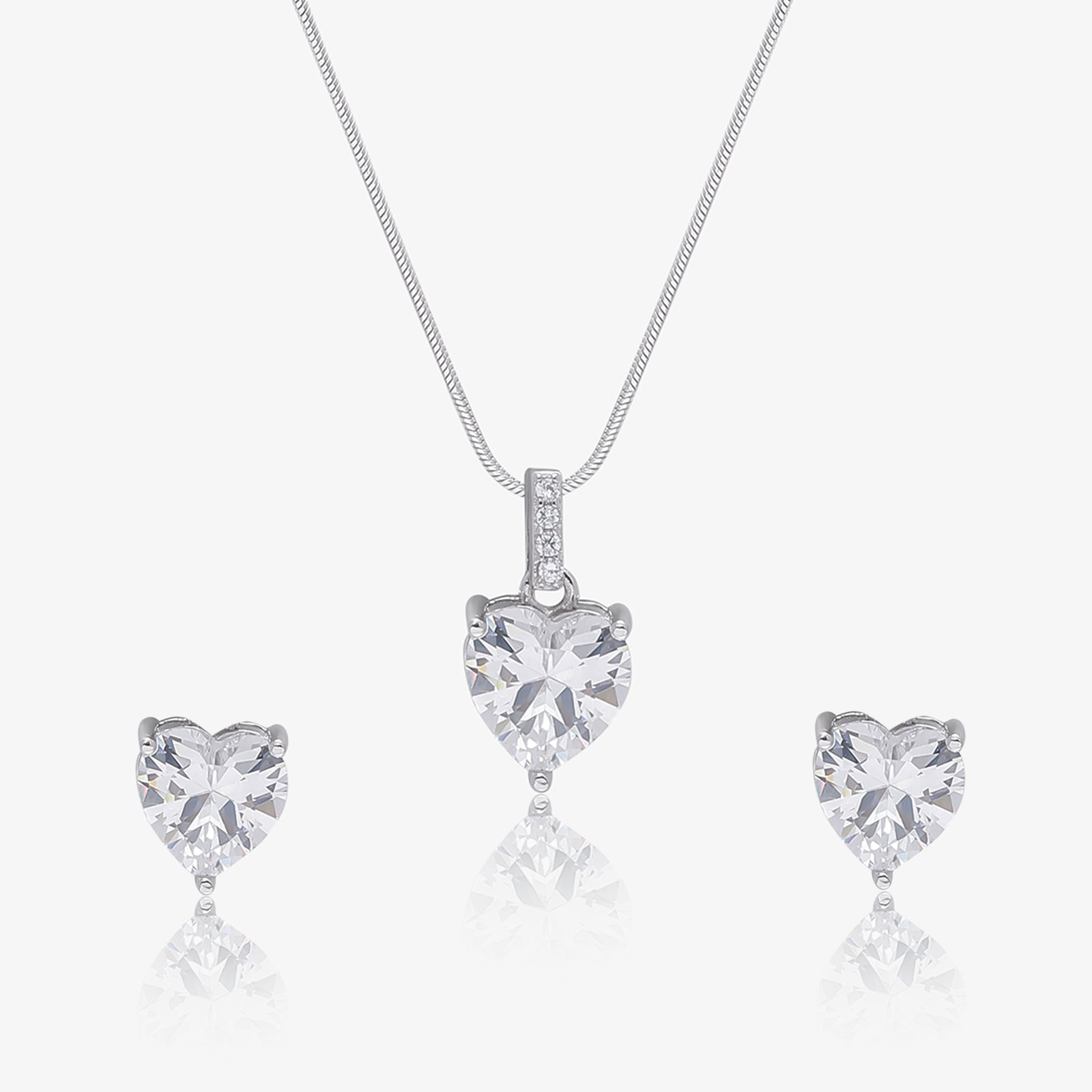 Solitaire Heart Shaped Silver Pendant & Earring Set