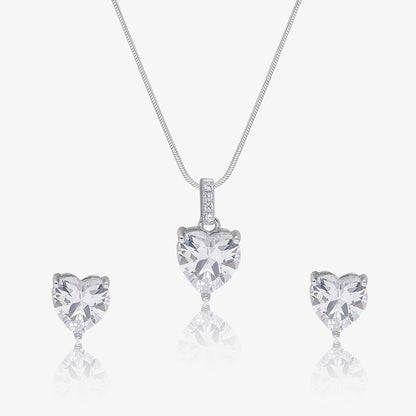 Solitaire Heart Shaped Silver Pendant & Earring Set