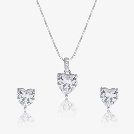 Solitaire Heart Shaped Silver Pendant & Earring Set