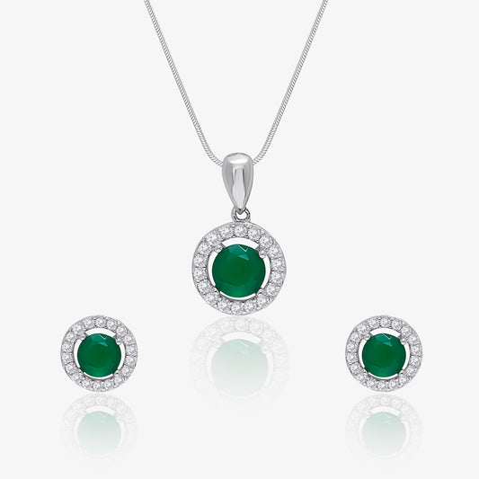 Dreamy Green Round Silver Pendant & Earrings Set