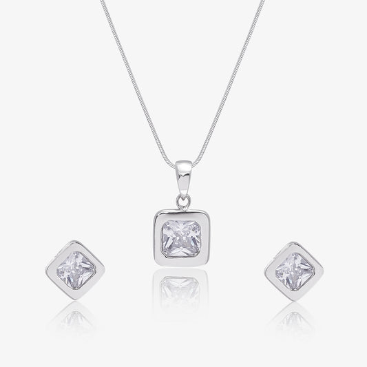 Square Cut Silver Pendant & Earrings Set