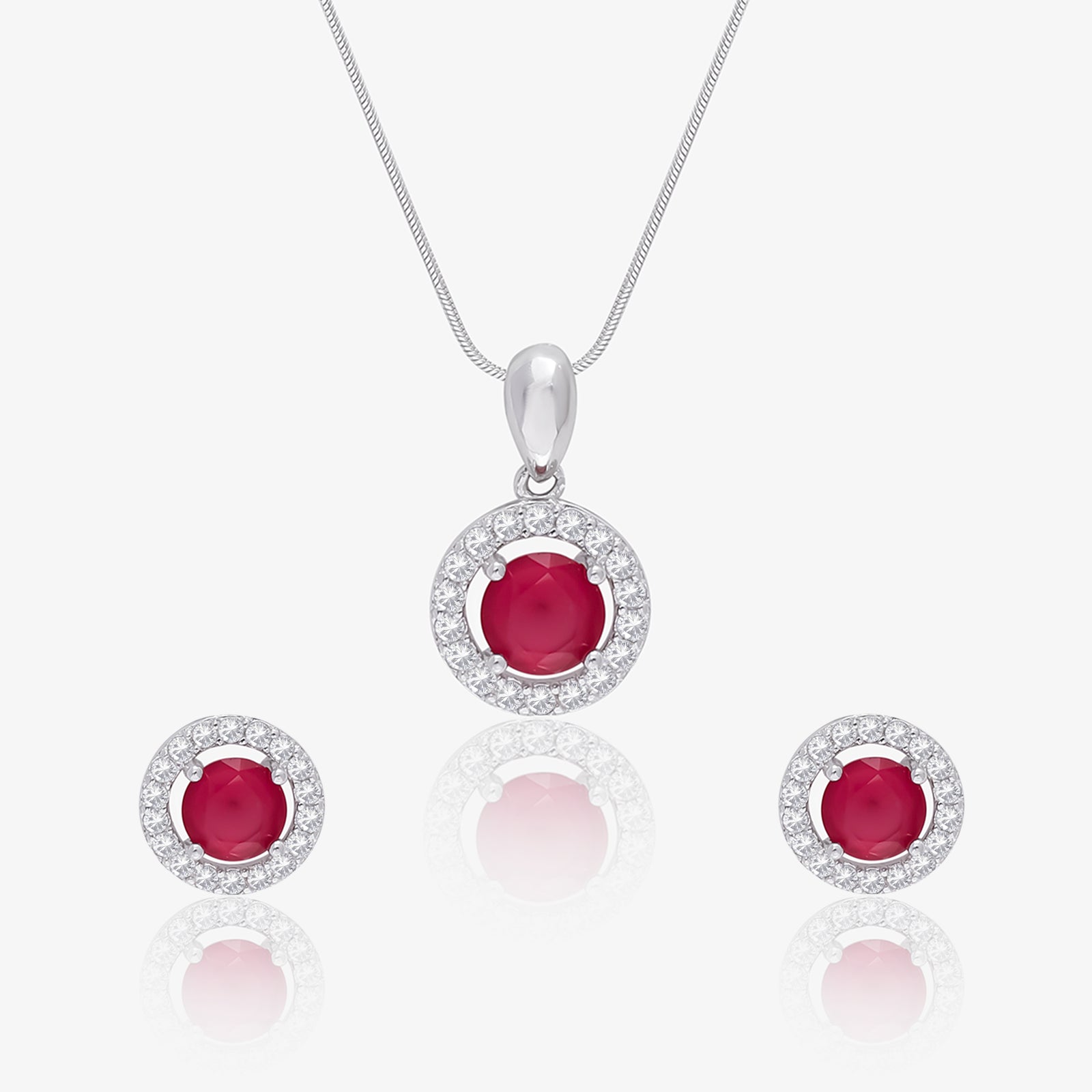 Round Shape Pink Stone Studded Silver Pendant & Earrings Set
