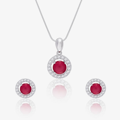 Round Shape Pink Stone Studded Silver Pendant & Earrings Set