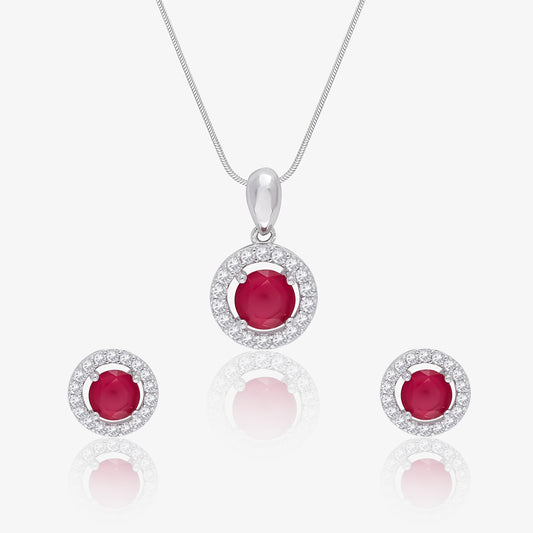 Round Shape Pink Stone Studded Silver Pendant & Earrings Set