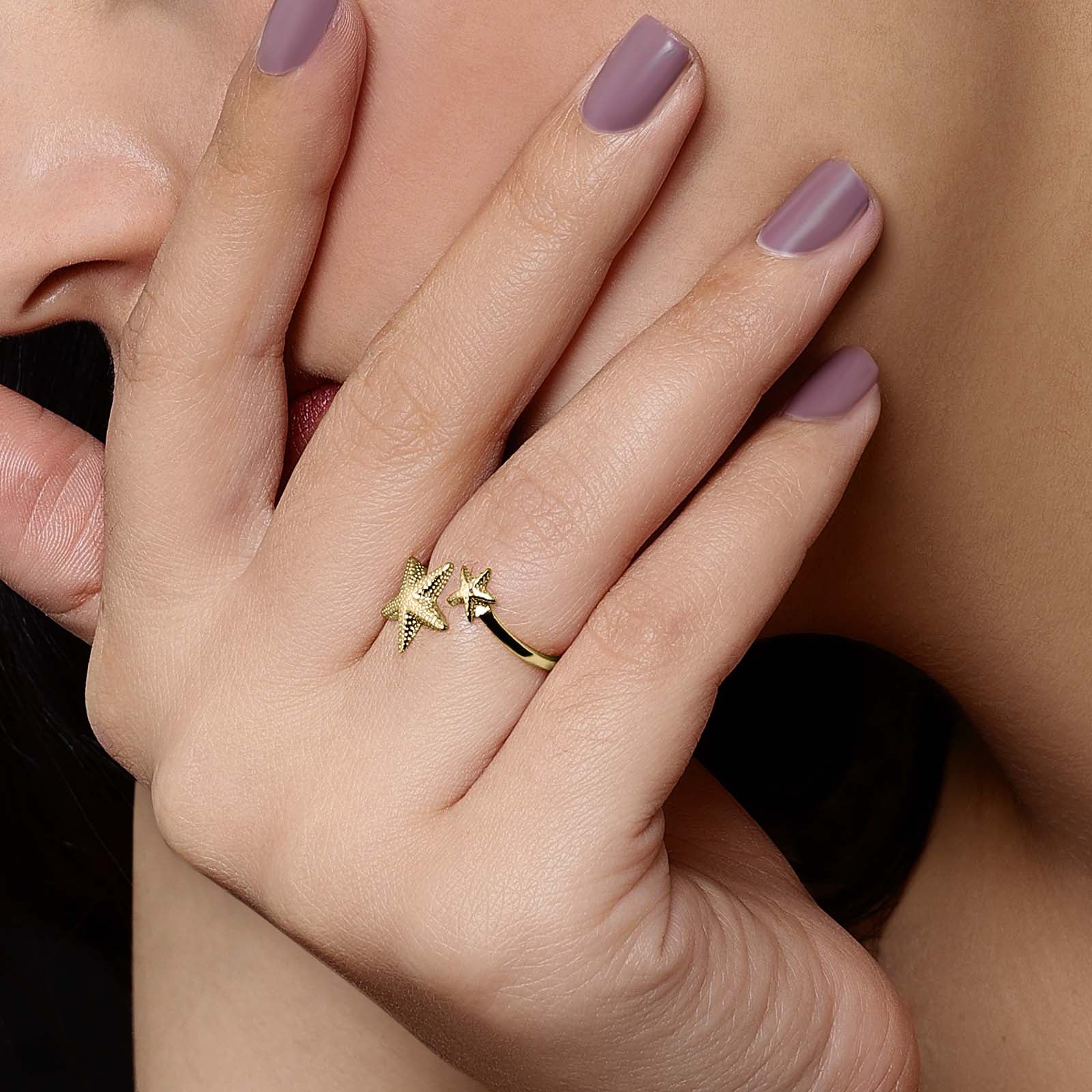 Gold Plated Textured Double Star Silver Ring