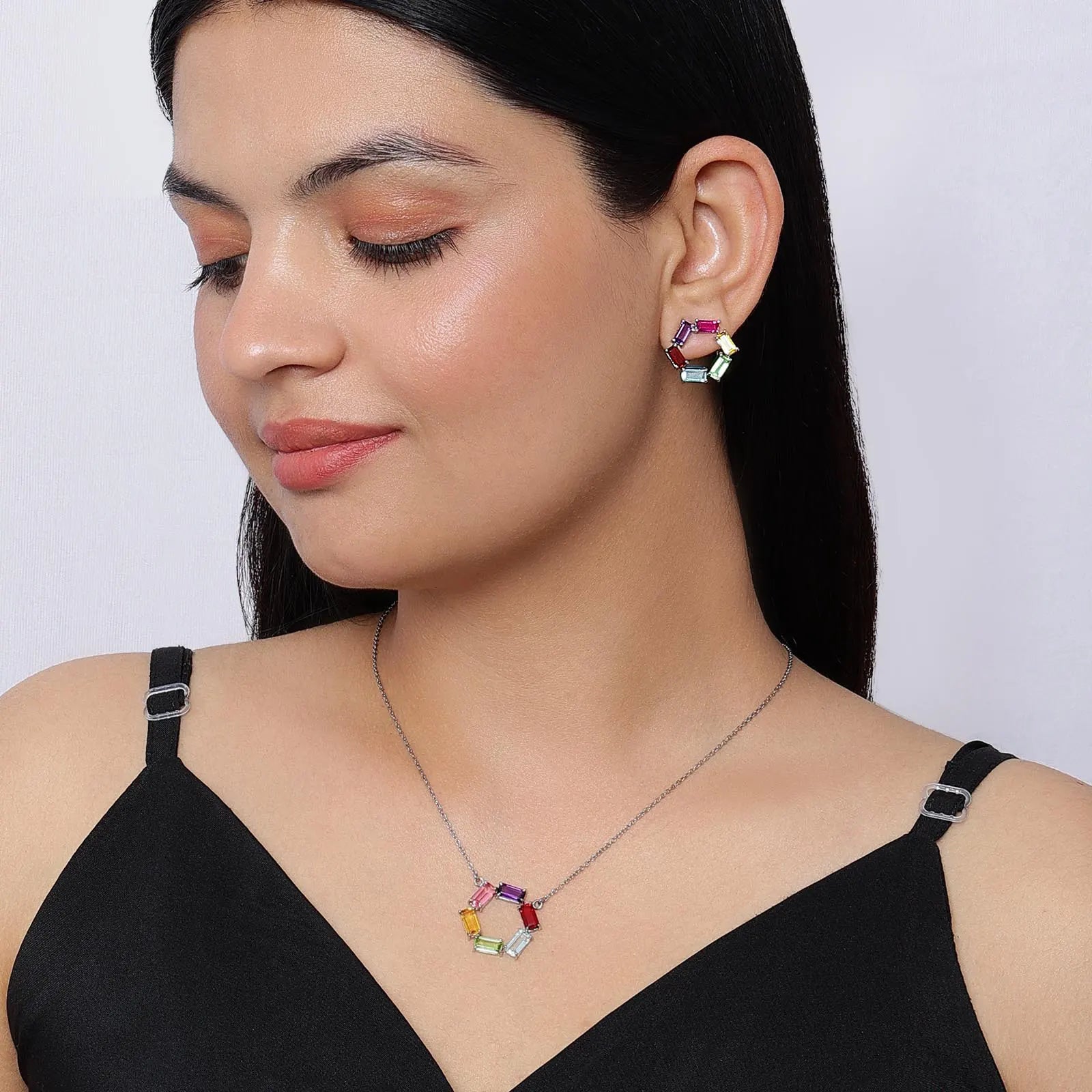Multicolor Round Silver Pendant & Earring Sets - Tweov Jewels