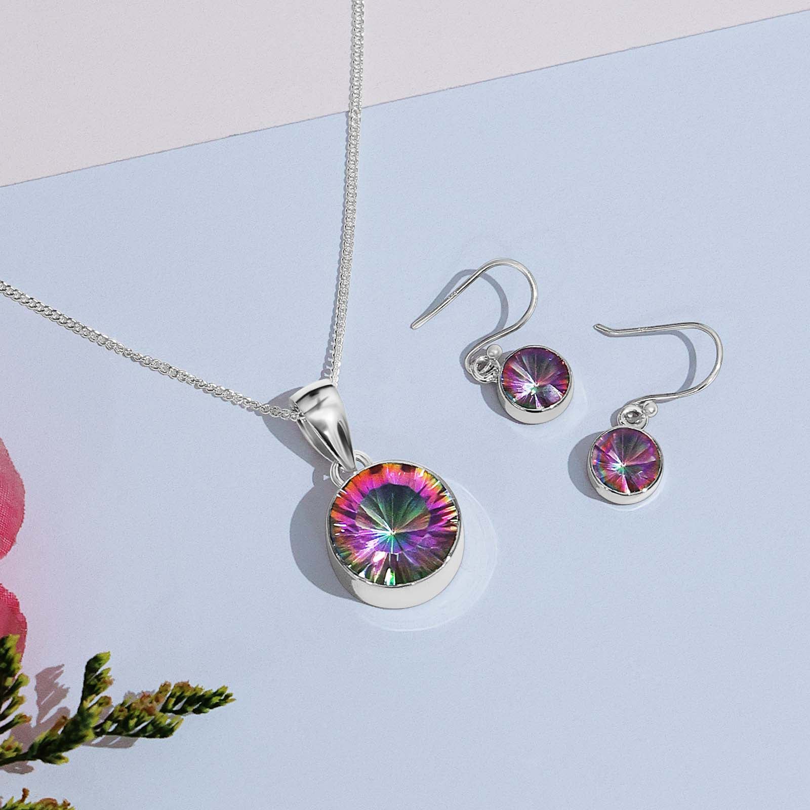 Silver Mystic Topaz Round Pendant & Earrings Set - Tweov Jewels