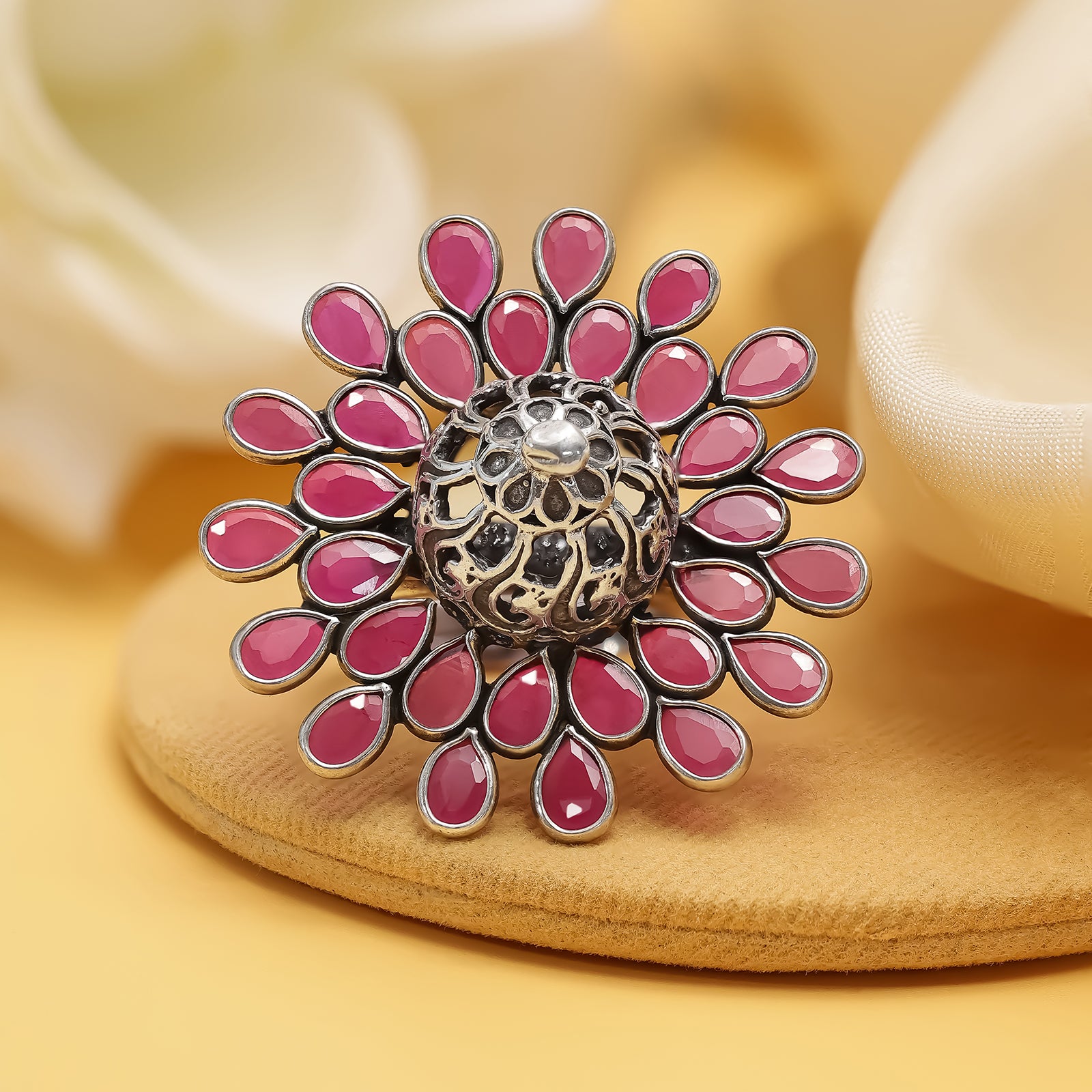 Oxidized Pink Stone Flower Silver Ring