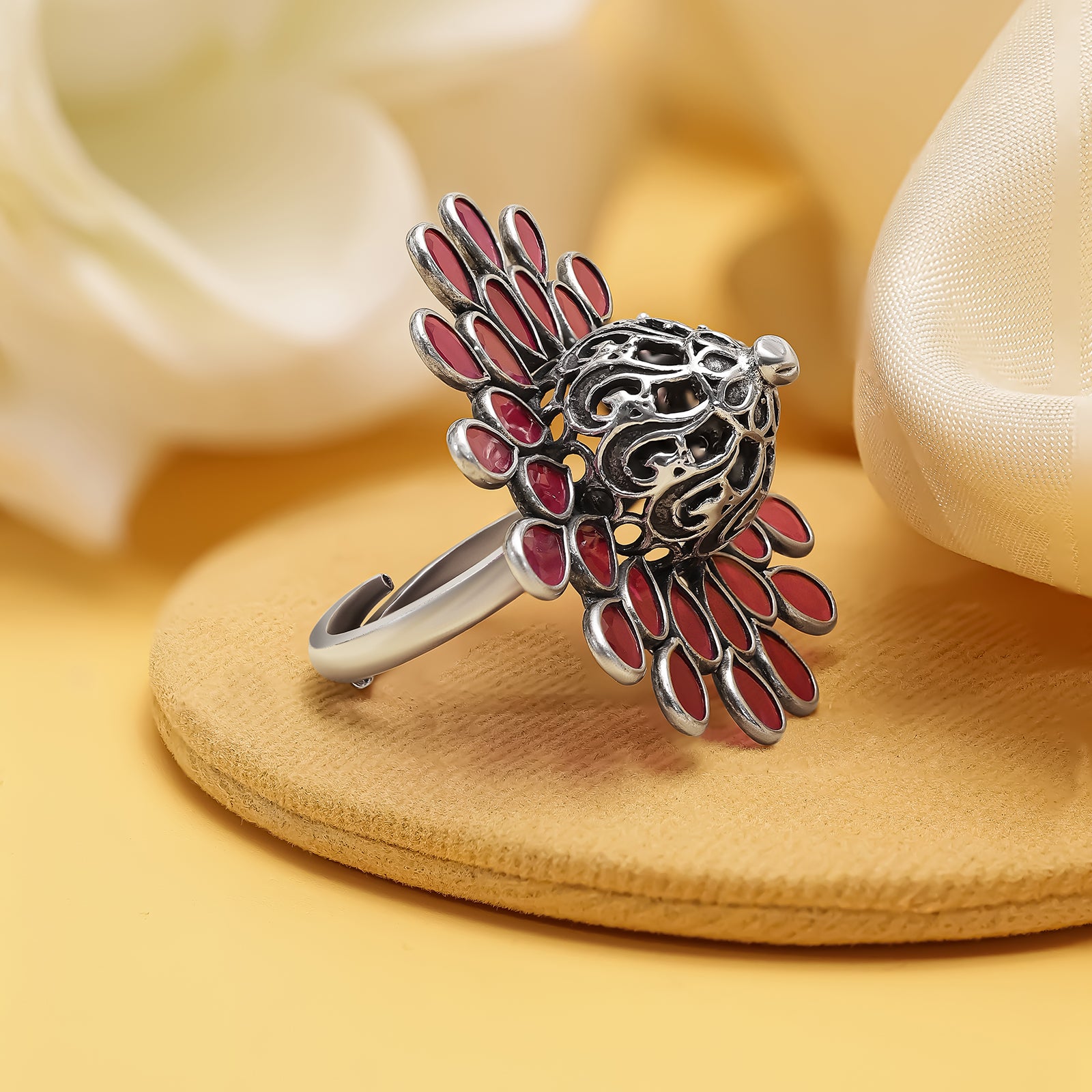 Oxidized Pink Stone Flower Silver Ring