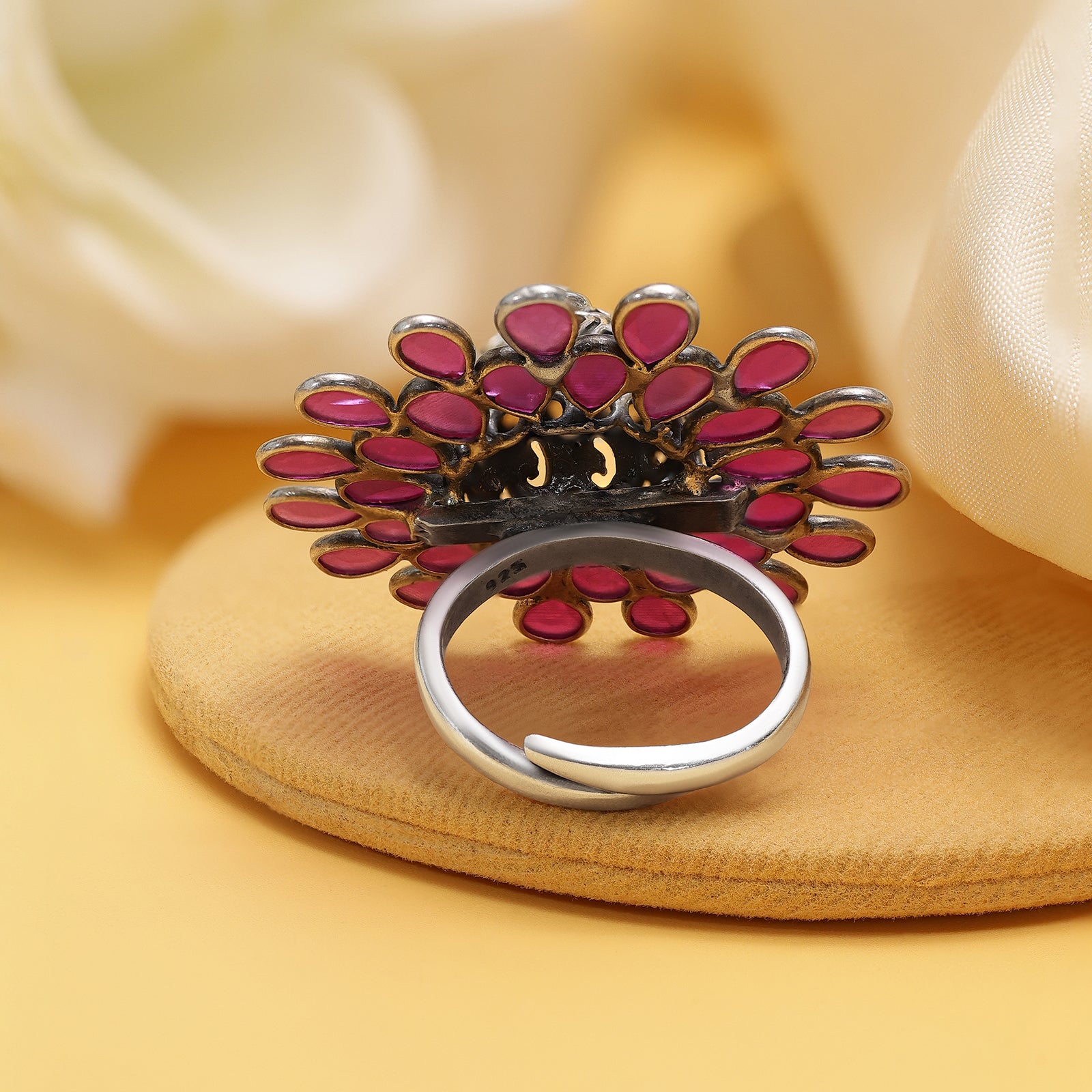 Oxidized Pink Stone Flower Silver Ring