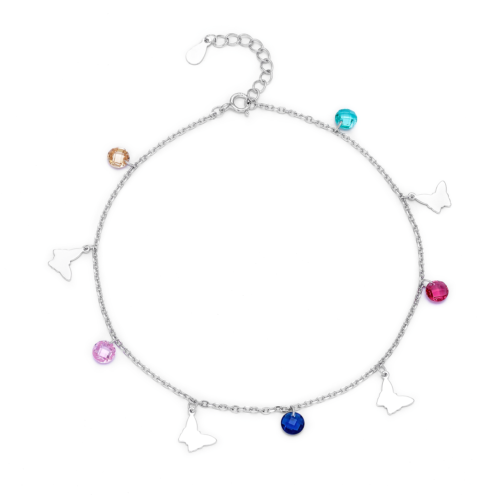 Butterfly Multicolor Crystal Silver Anklet
