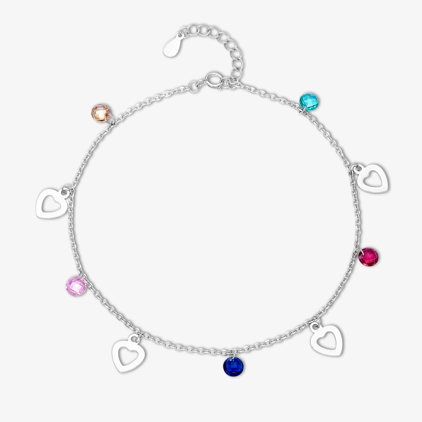 Multicolor Heart Design Gems Beaded Silver Anklet - Tweov Jewels