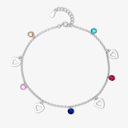Multicolor Heart Design Gems Beaded Silver Anklet - Tweov Jewels