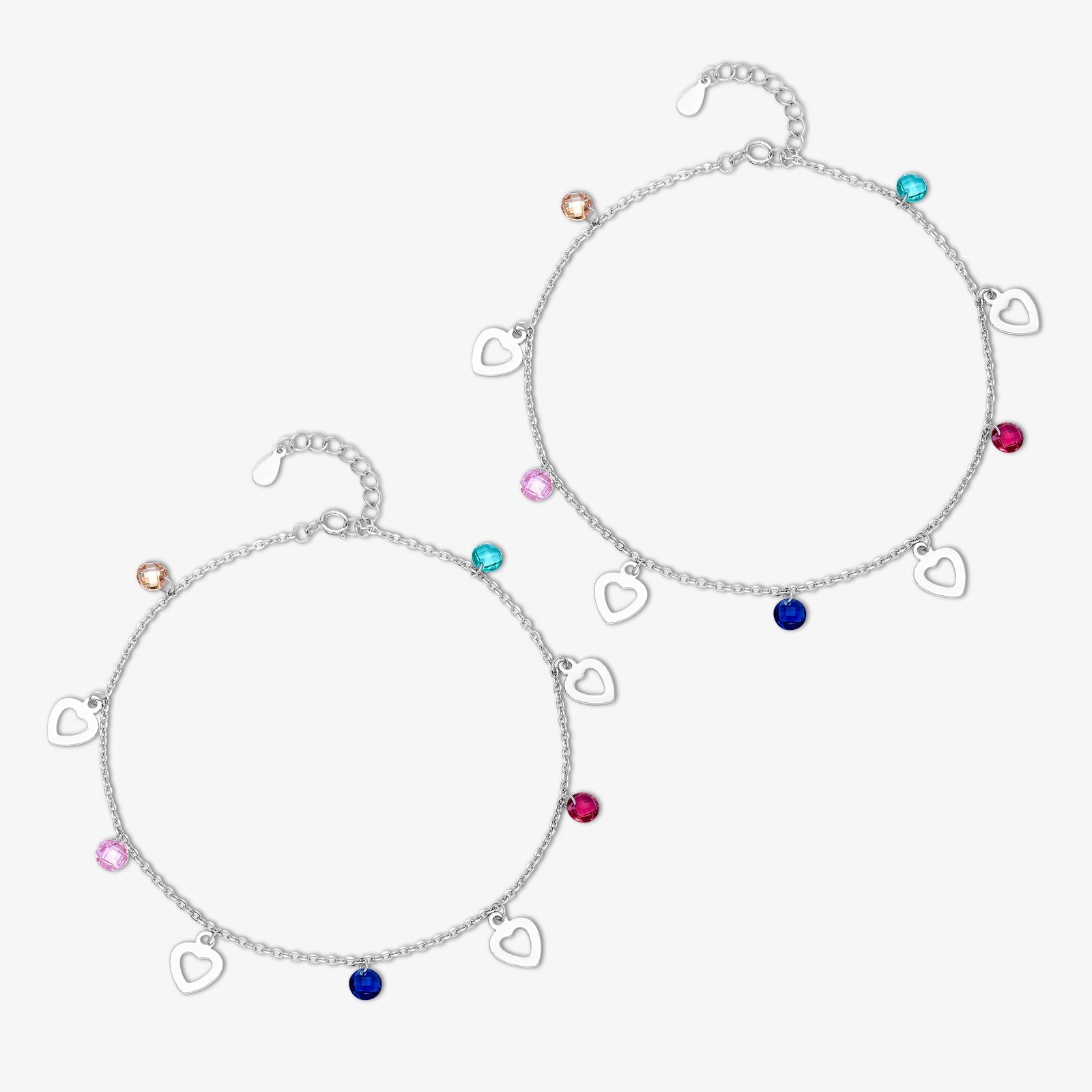 Multicolor Heart Design Gems Beaded Silver Anklet - Tweov Jewels