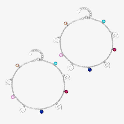 Multicolor Heart Design Gems Beaded Silver Anklet - Tweov Jewels