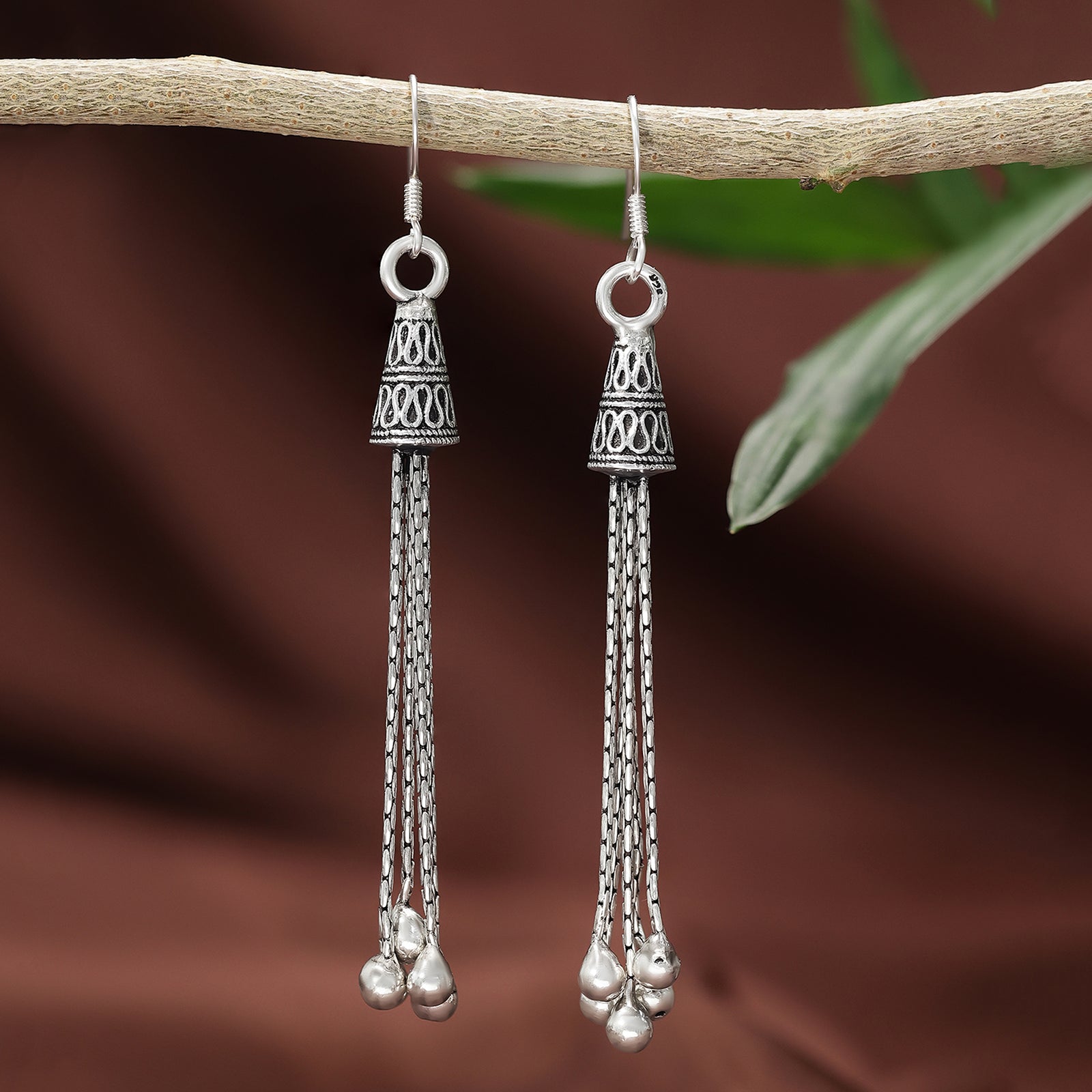 Long Dangling Silver Oxidised Earrings