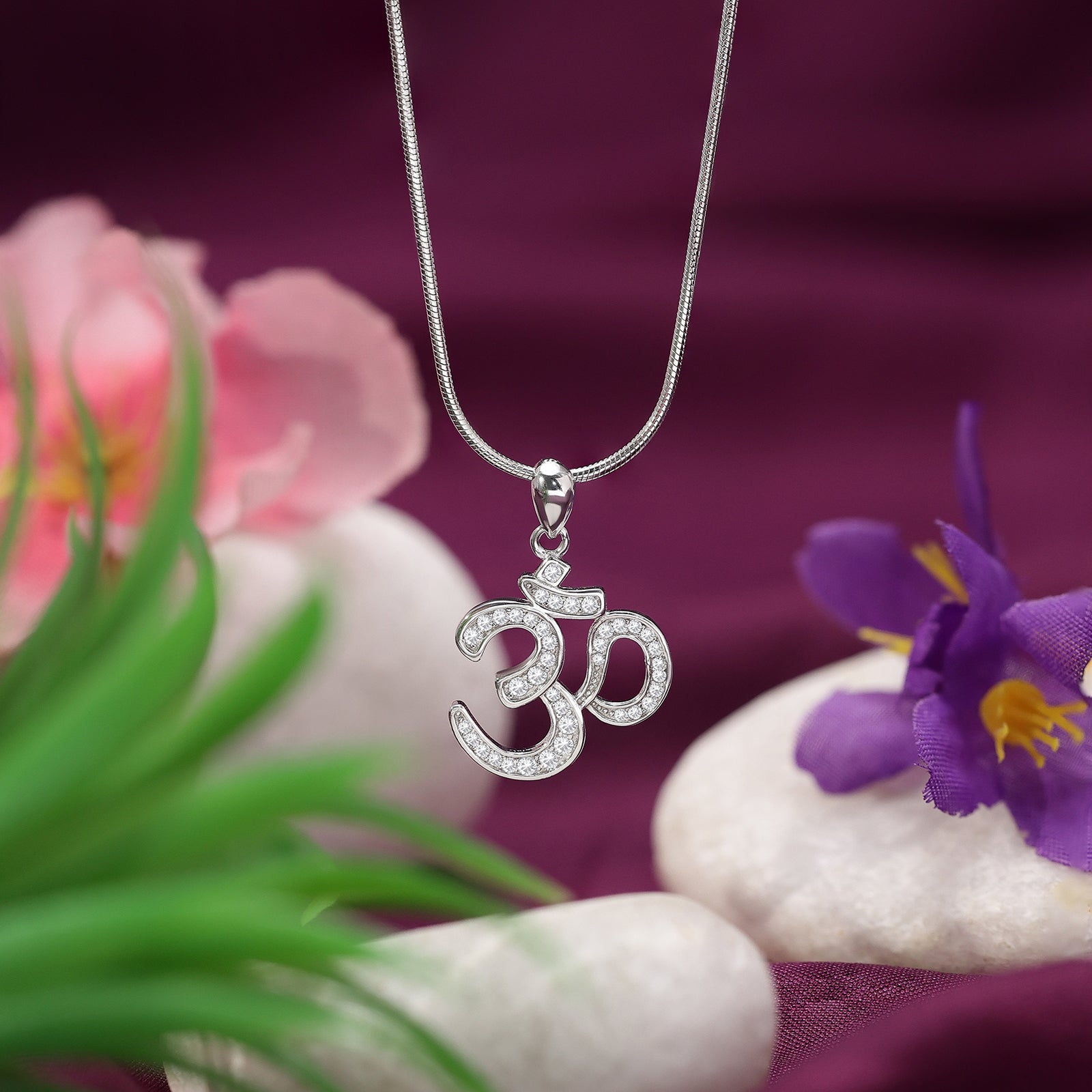 CZ Studded Silver Om Pendant Chain