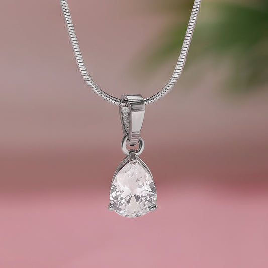 This is a 925 sterling silver necklace featuring a pear-shaped cubic zirconia or zircon pendant