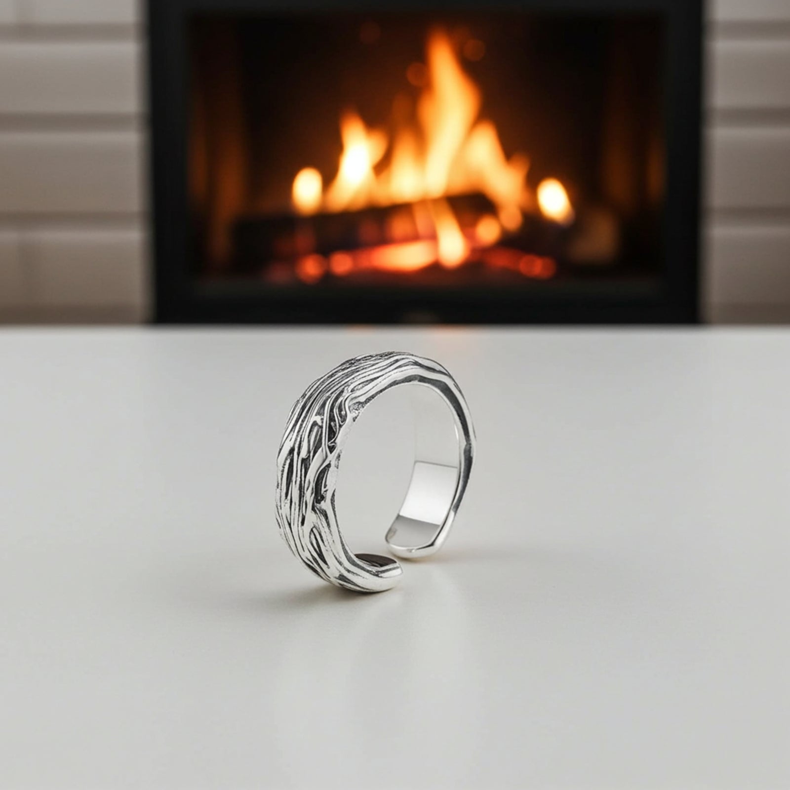 Adjustable Silver Textured Band Ring