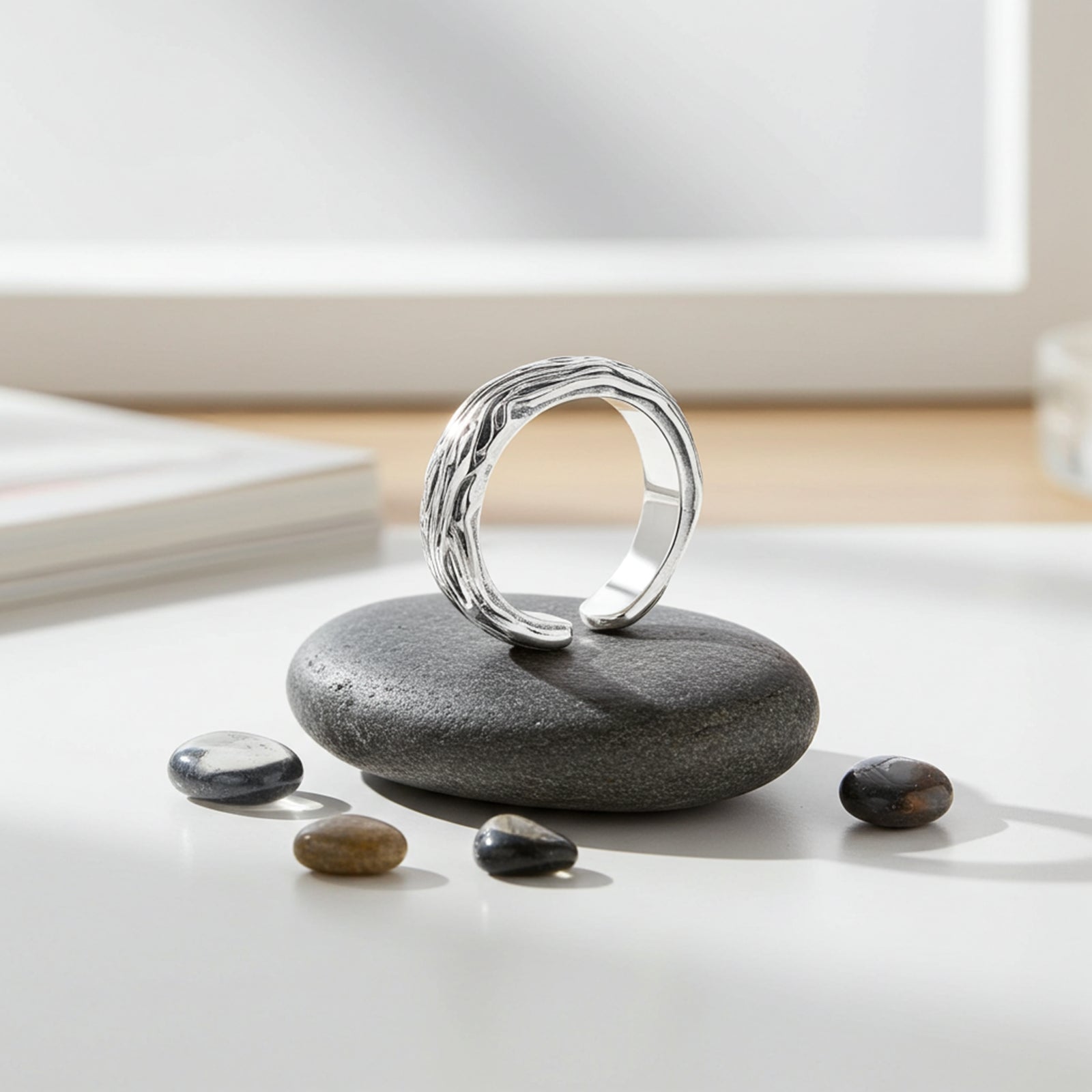 Adjustable Silver Textured Band Ring