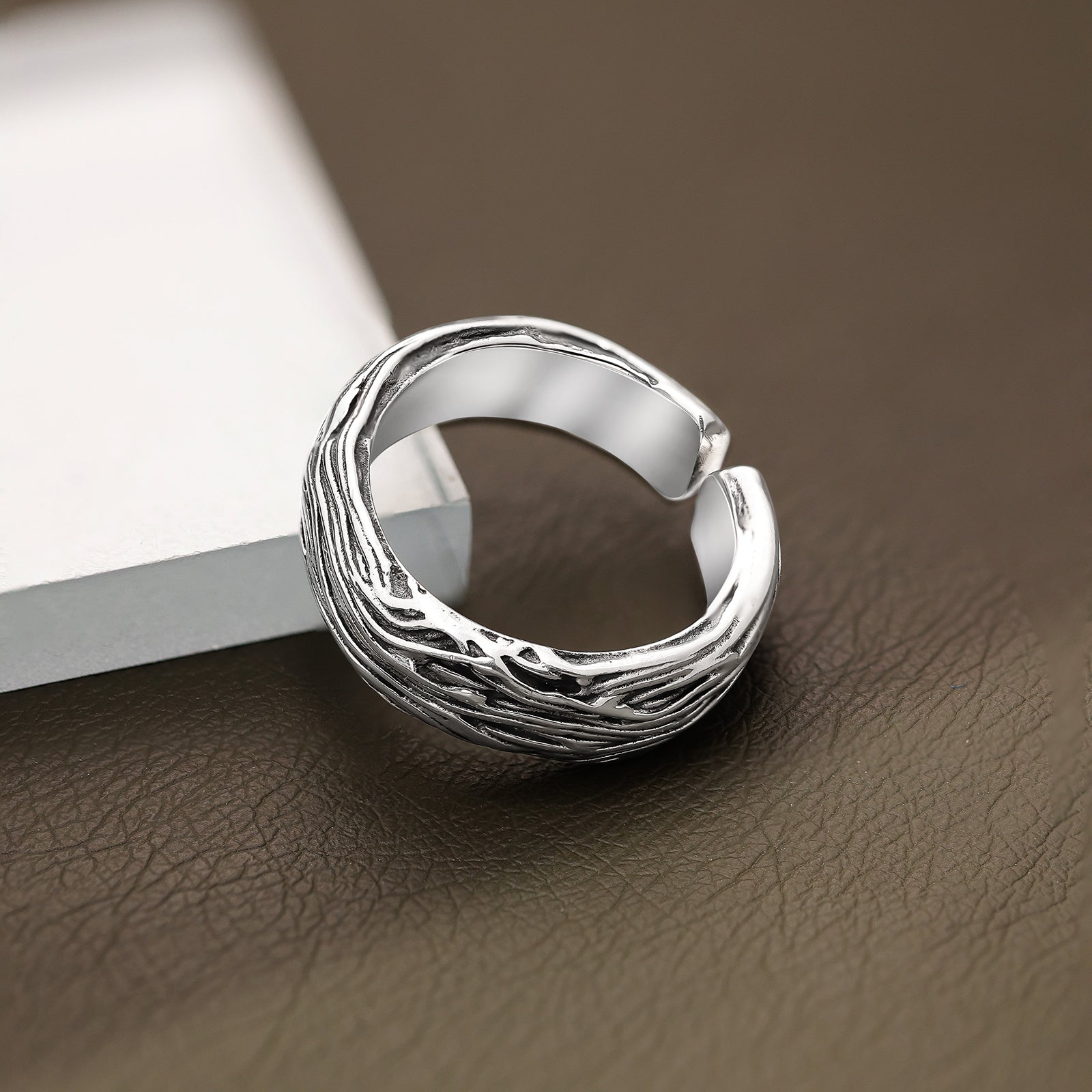 Adjustable Silver Textured Band Ring