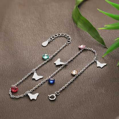 Butterfly Multicolor Crystal Silver Anklet