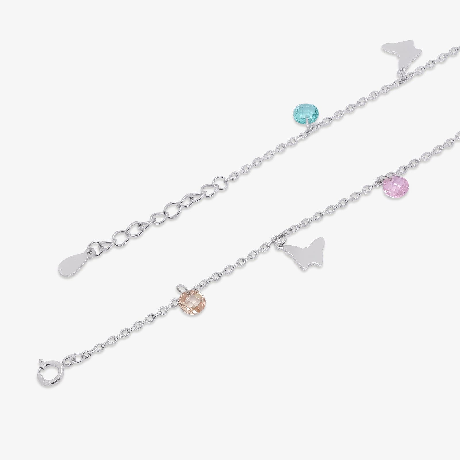 Butterfly Multicolor Crystal Silver Anklet