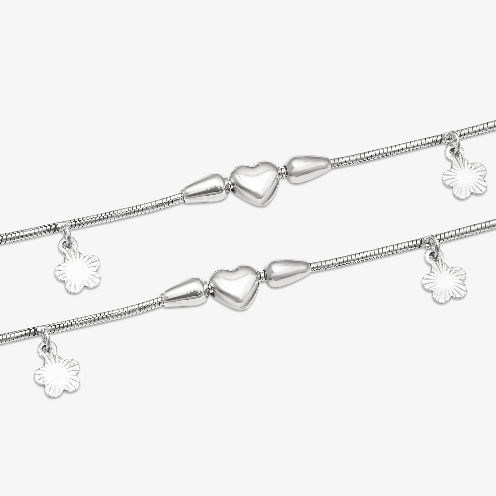 Shiny Silver Floral Heart Anklet