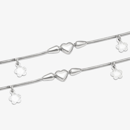 Shiny Silver Floral Heart Anklet