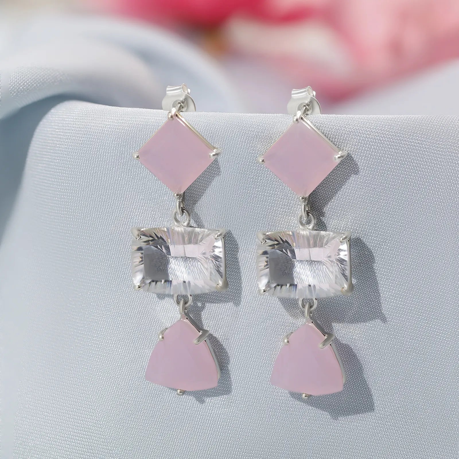 Multicut Pink Stone Long Silver Earrings