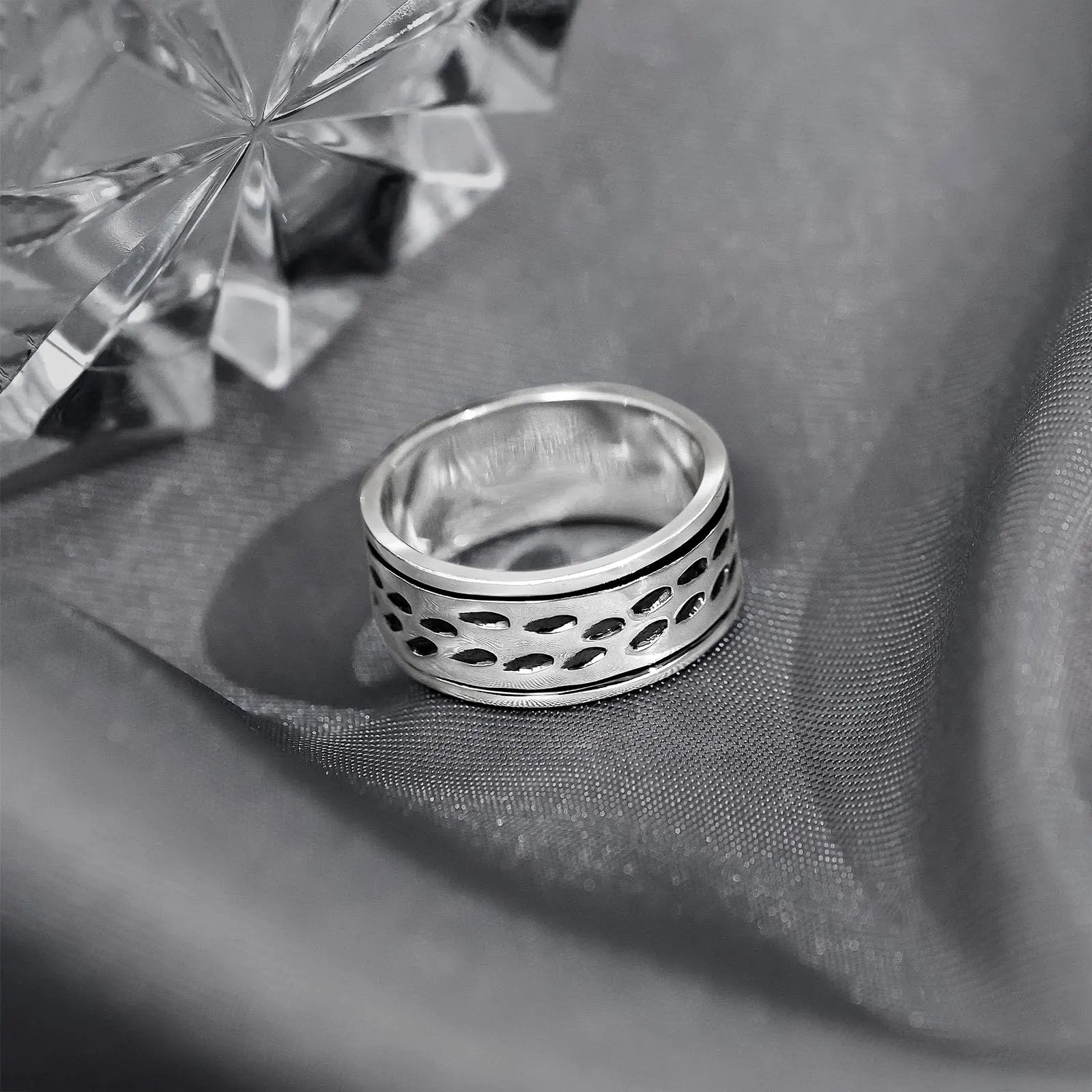 Black Stripes Carved Silver Band Ring - Tweov Jewels