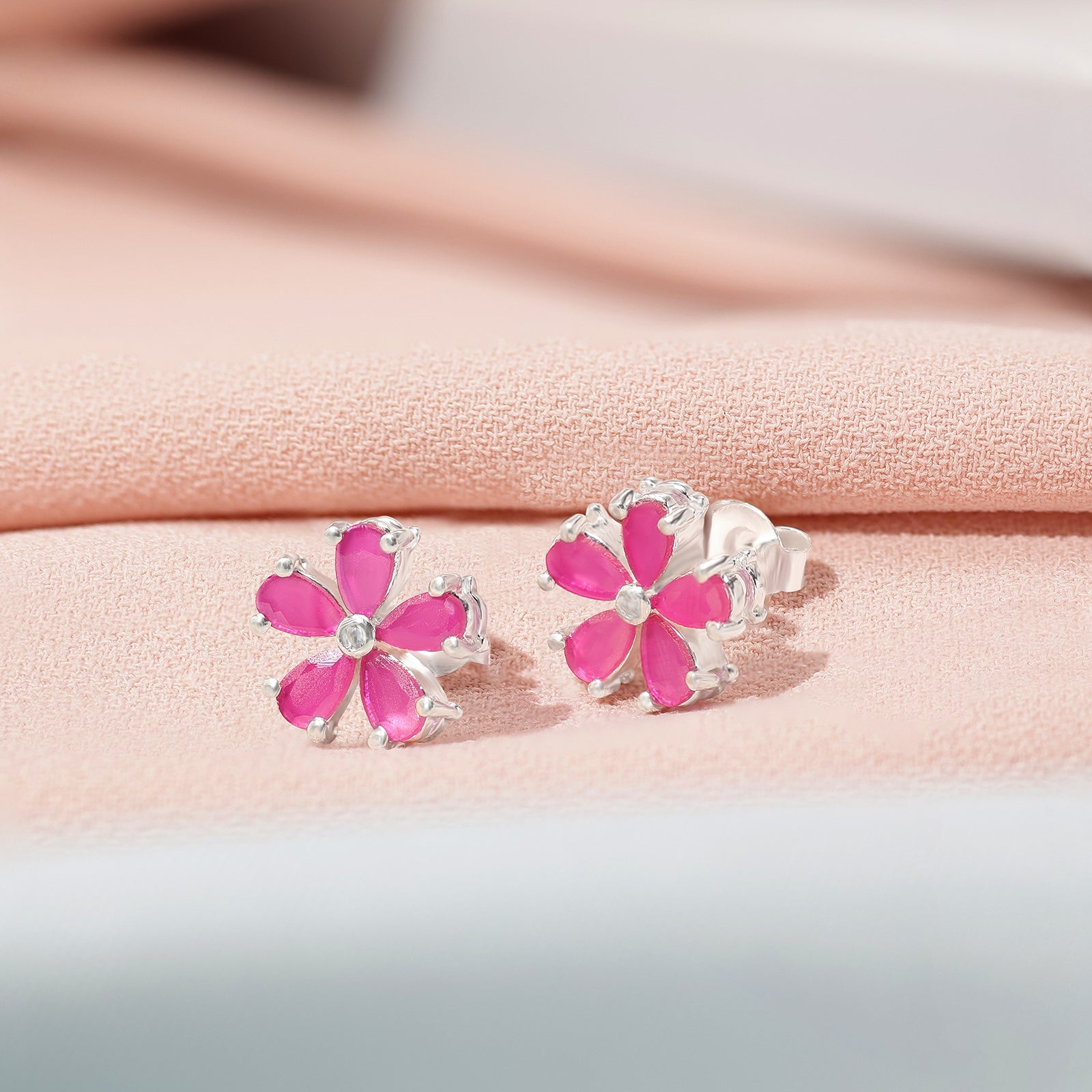Pink Floral Silver Stud Earrings
