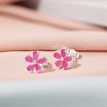 Pink Floral Silver Stud Earrings