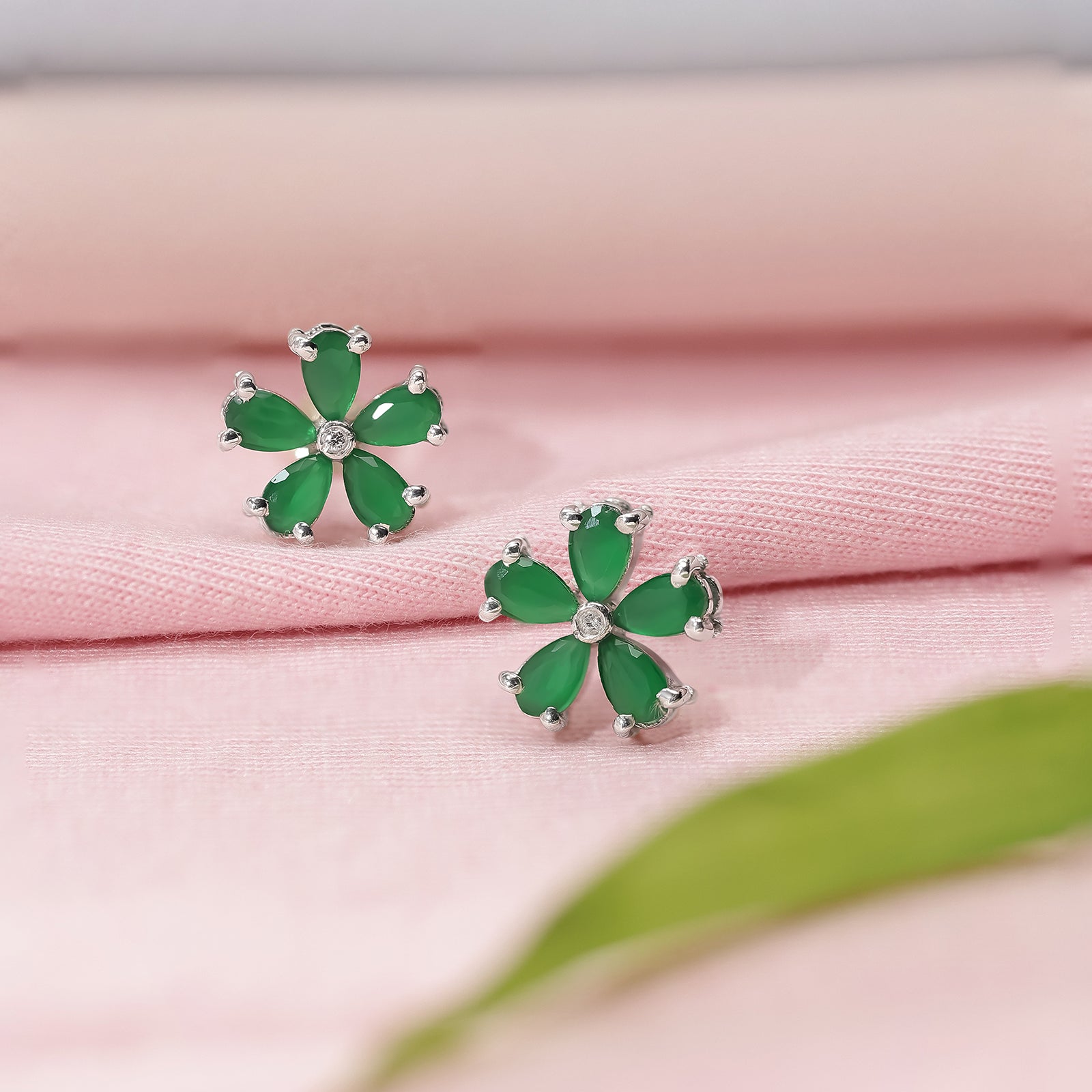 Floral Green Silver Stud Earrings