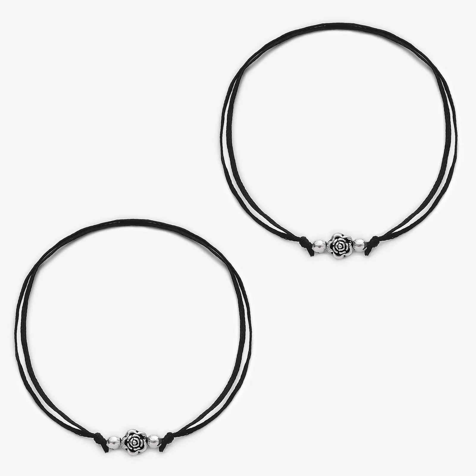 Silver Floral Black Thread Anklet - Tweov Jewels