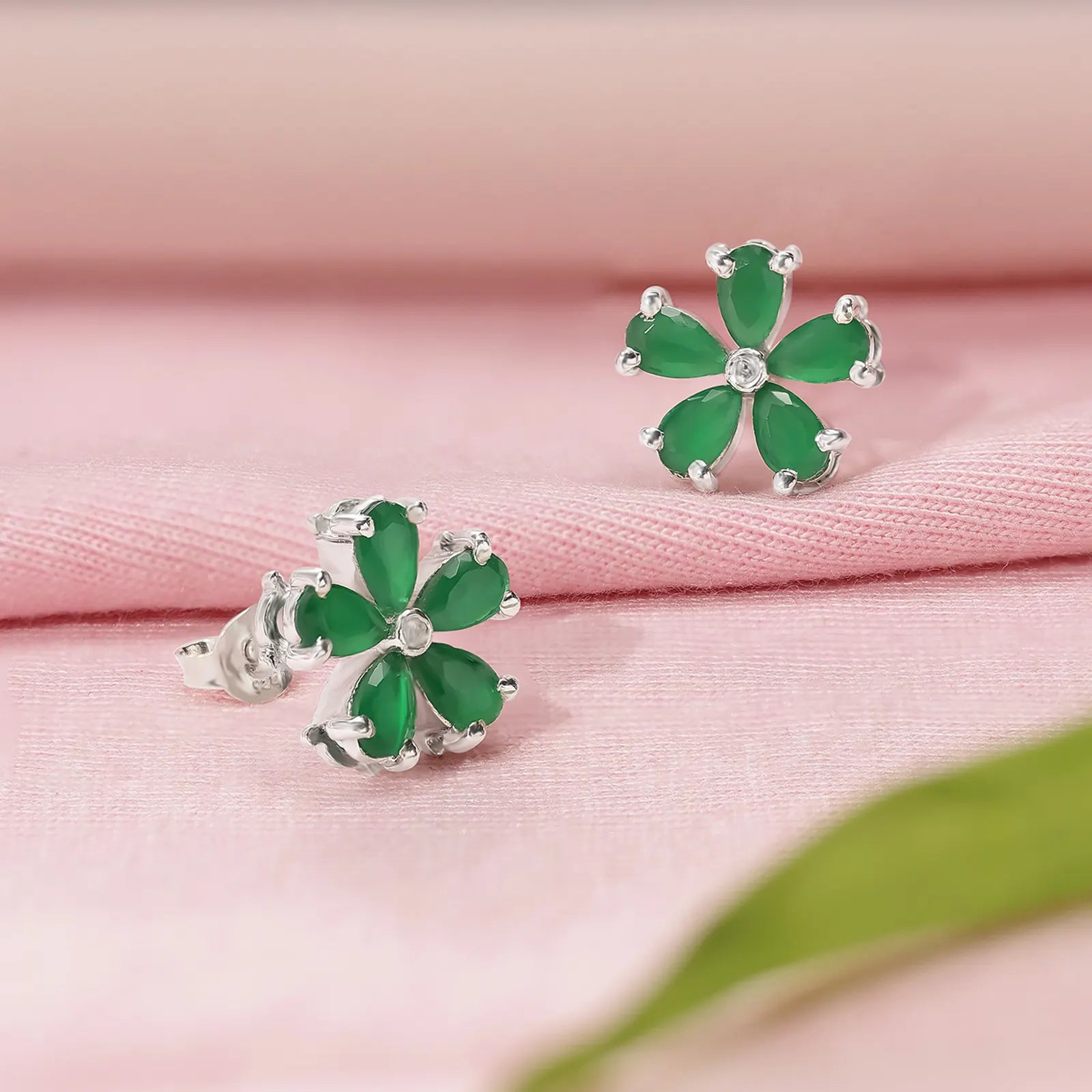 Floral Green Silver Stud Earrings