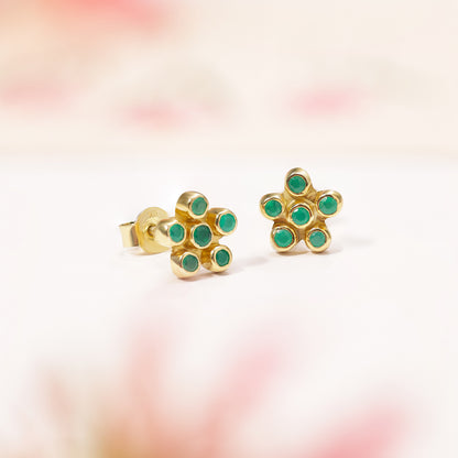 Gold-Plated Floral Design Green Stone Silver Stud Earring