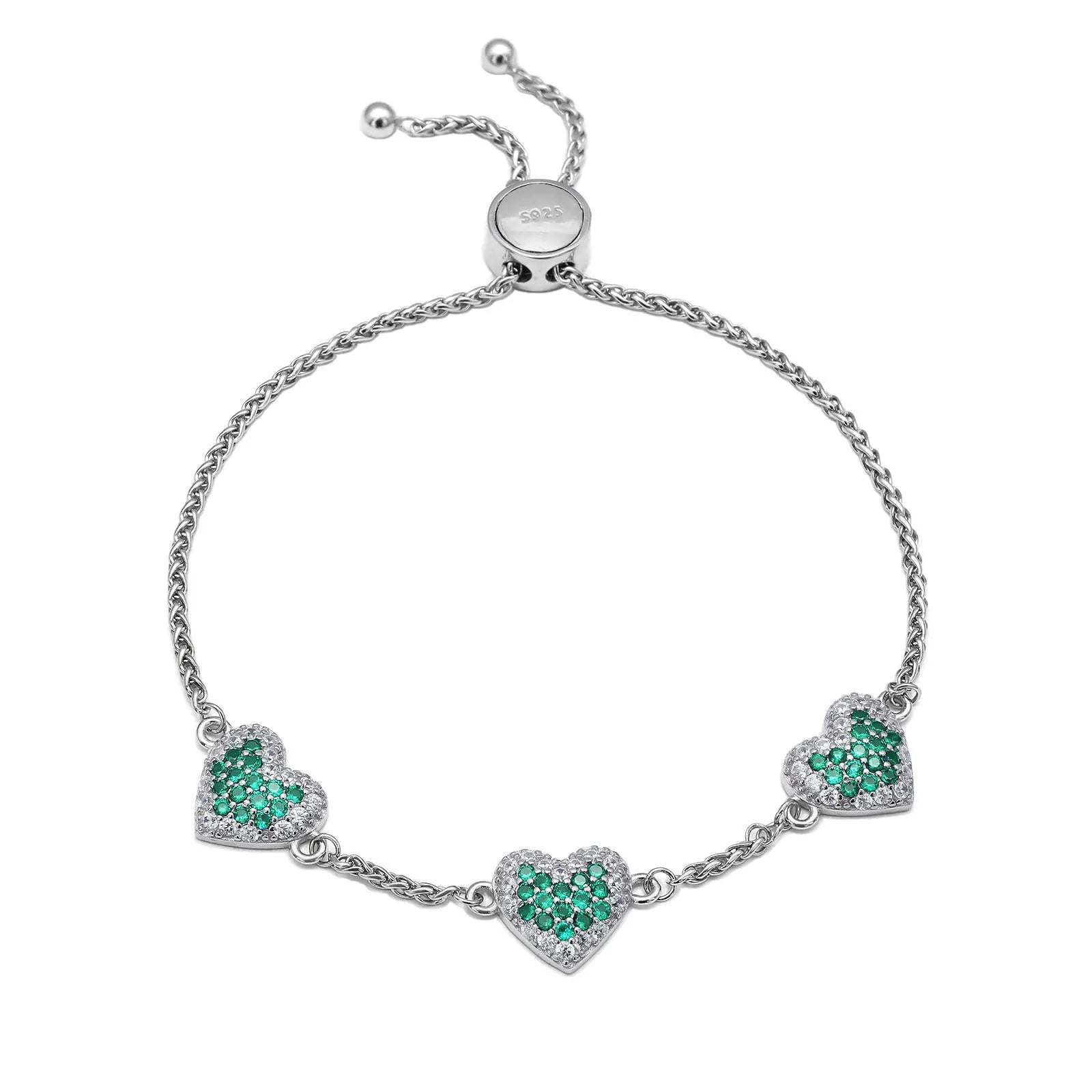 Emerald Triple Heart Bracelet For Women – 925 Sterling Silver Rhodium Plated