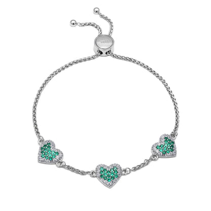 Emerald Triple Heart Bracelet For Women – 925 Sterling Silver Rhodium Plated