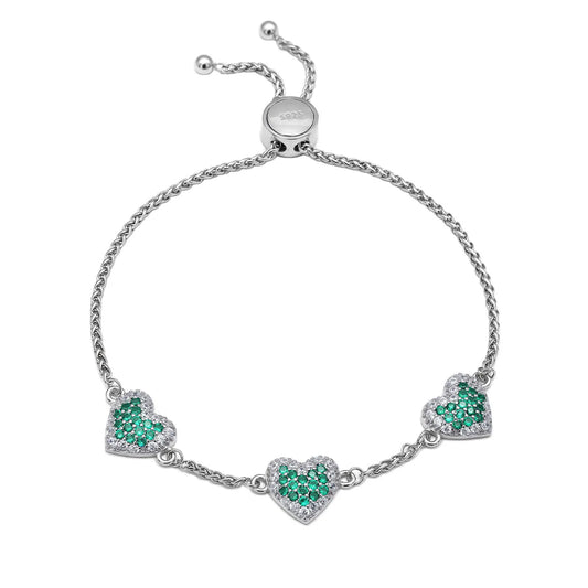 Emerald Triple Heart Bracelet For Women – 925 Sterling Silver Rhodium Plated