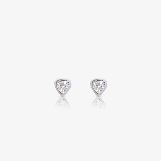 White Heart CZ Bezel Stud Earrings For Women – 925 Sterling Silver Rhodium Plated