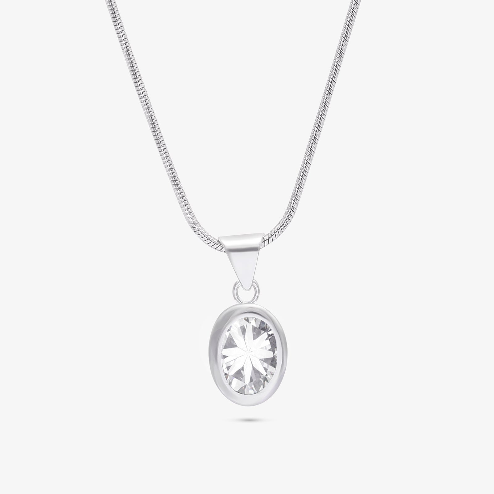 CZ Oval Solitaire Pendant Chain For Women – 925 Sterling Silver Rhodium Plated