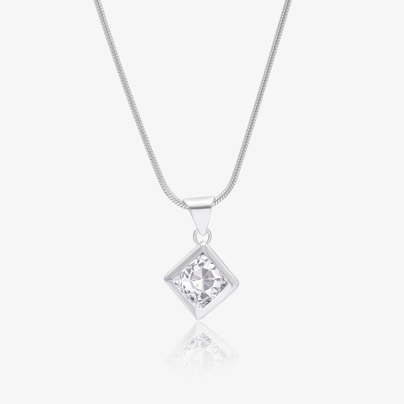CZ Diamond Solitaire Pendant Chain For Women – 925 Sterling Silver Rhodium Plated