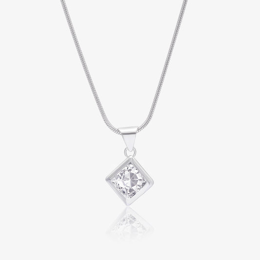 CZ Diamond Solitaire Pendant Chain For Women – 925 Sterling Silver Rhodium Plated