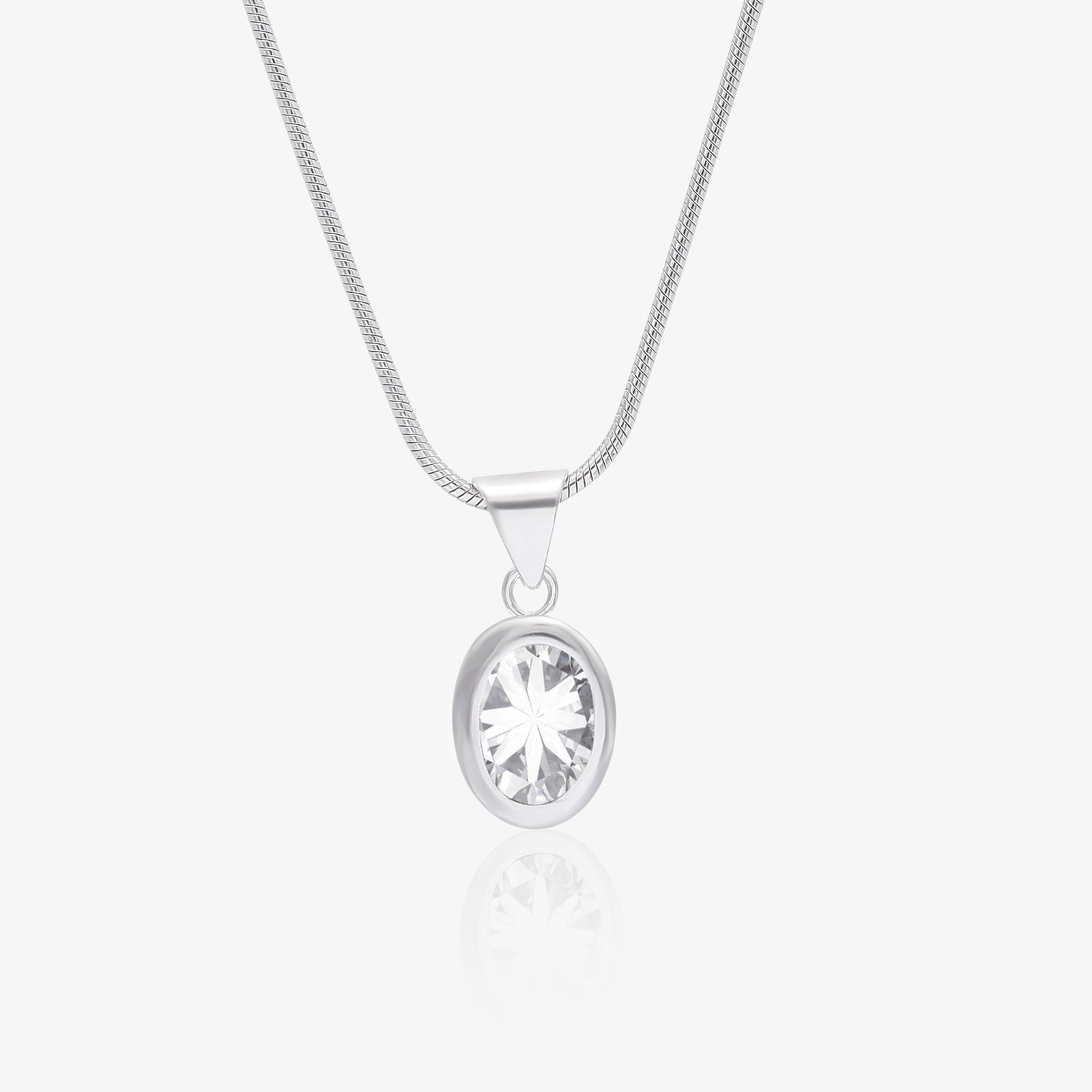 Oval CZ Bezel Pendant Necklace For Women – 925 Sterling Silver Rhodium Plated