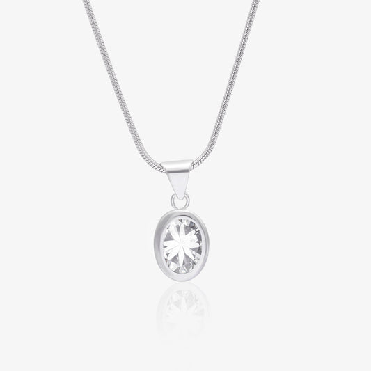 Oval CZ Bezel Pendant Necklace For Women – 925 Sterling Silver Rhodium Plated